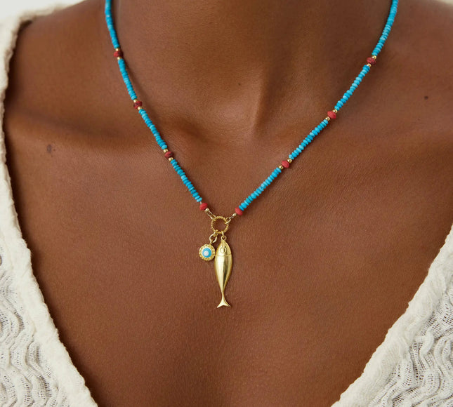 Turquoise Beaded Fish Charm Necklace – 18K Gold-Plated Sterling Silver - Dabas Minimalist