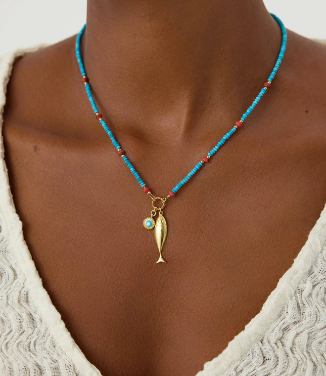 Turquoise Beaded Fish Charm Necklace – 18K Gold-Plated Sterling Silver - Dabas Minimalist