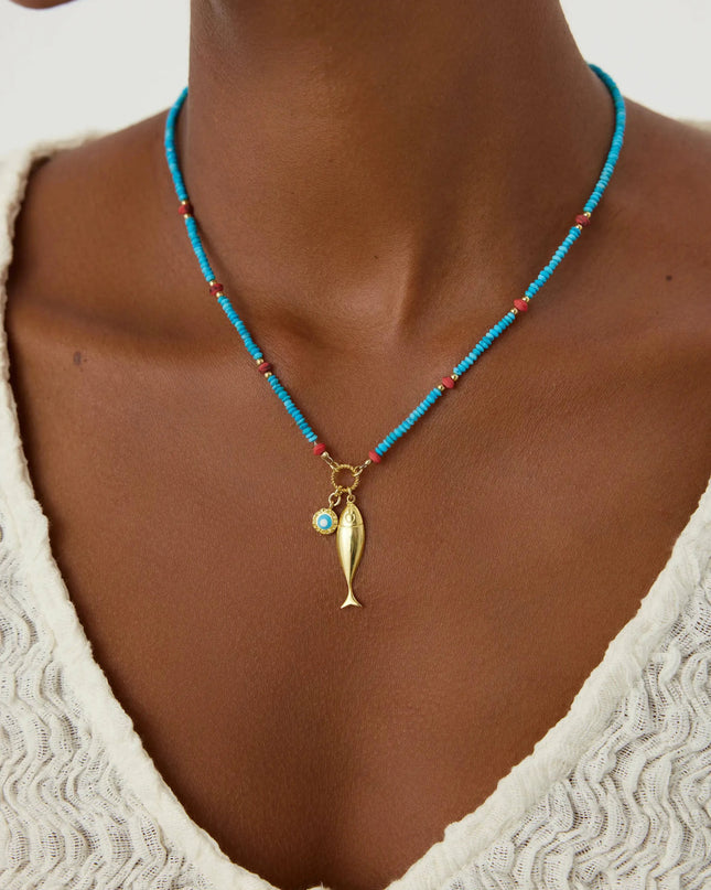 Turquoise Beaded Fish Charm Necklace – 18K Gold-Plated Sterling Silver - Dabas Minimalist