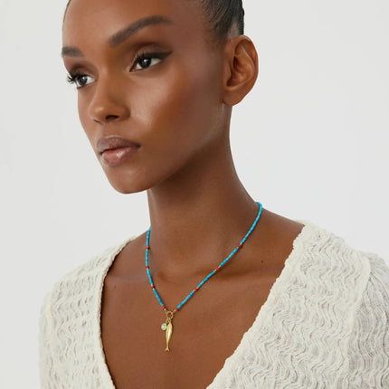 Turquoise Beaded Fish Charm Necklace – 18K Gold-Plated Sterling Silver - Dabas Minimalist