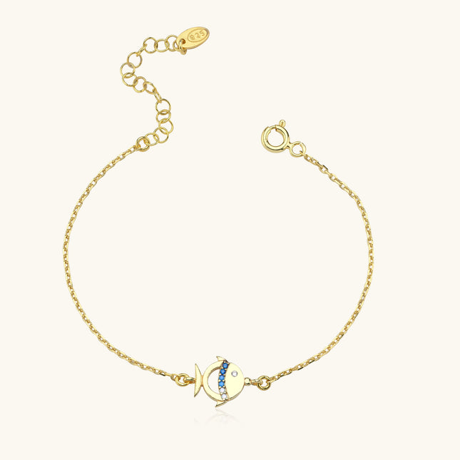 Fish Bracelet with Colorful CZ Stones, 18K Gold-Plated Sterling Silver - Dabas Minimalist