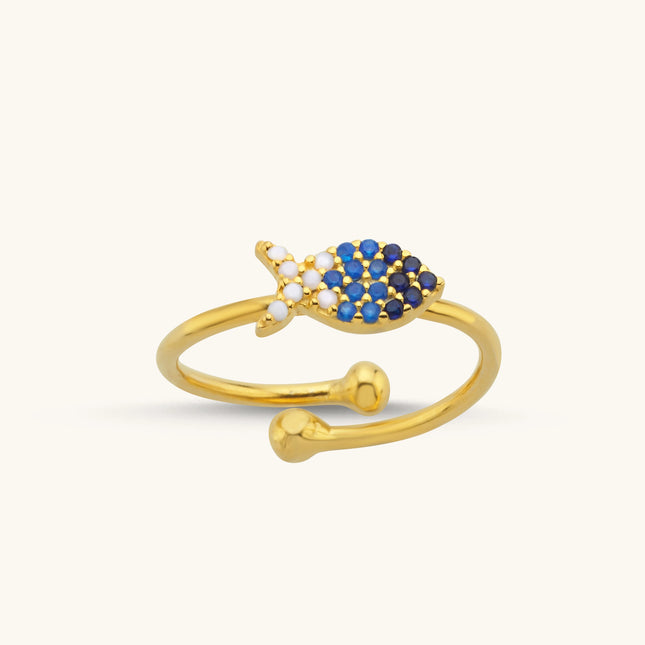 Fish Ring with Colorful CZ Stones, 18K Gold-Plated Sterling Silver - Dabas Minimalist