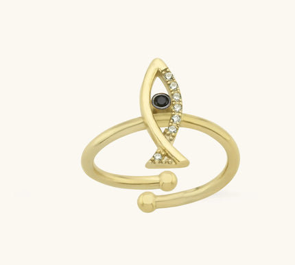 Fish Shaped Ring with Black CZ Stones, 18K Gold-Plated Sterling Silver - Dabas Minimalist