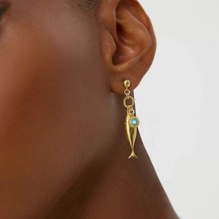 Fish Stud Earrings with Evil Eye Charm, 18K Gold-Plated Earrings - Dabas Minimalist