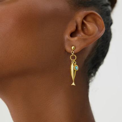 Fish Stud Earrings with Evil Eye Charm, 18K Gold-Plated Earrings - Dabas Minimalist