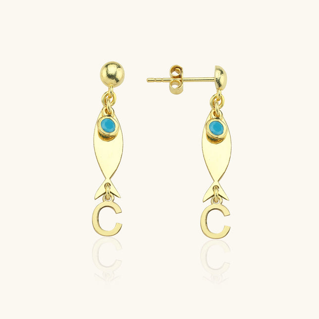 Gold Fish-Themed Initial Earrings with Turquoise Accent – 18K Gold-Plated Sterling Silver - Dabas Minimalist