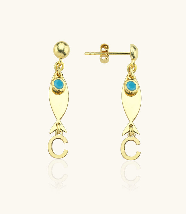 Gold Fish-Themed Initial Earrings with Turquoise Accent – 18K Gold-Plated Sterling Silver - Dabas Minimalist