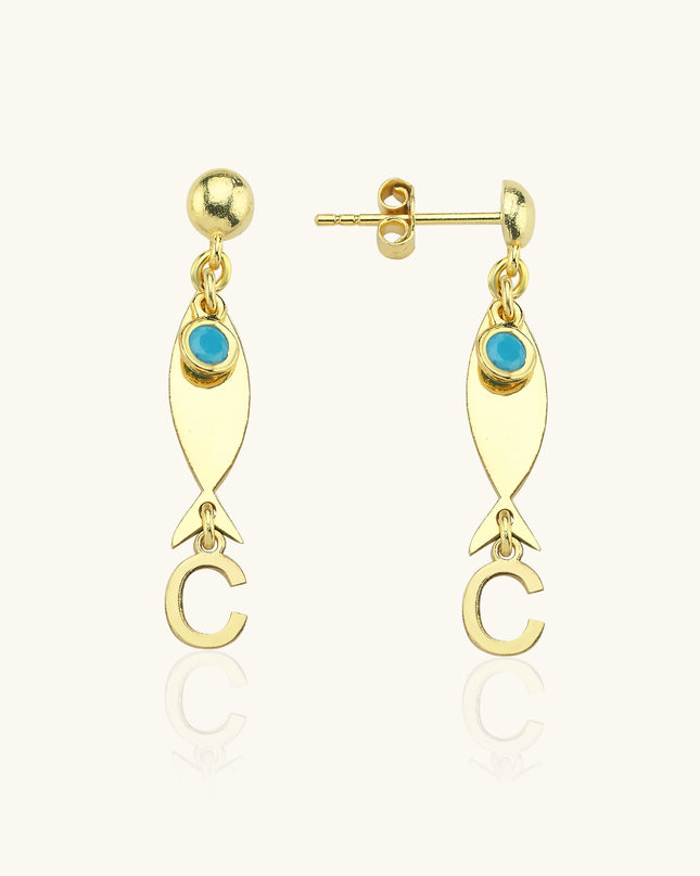 Gold Fish-Themed Initial Earrings with Turquoise Accent – 18K Gold-Plated Sterling Silver - Dabas Minimalist