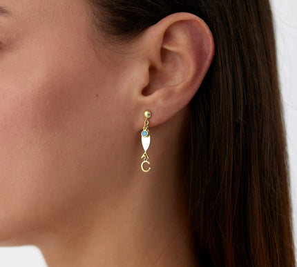 Gold Fish-Themed Initial Earrings with Turquoise Accent – 18K Gold-Plated Sterling Silver - Dabas Minimalist