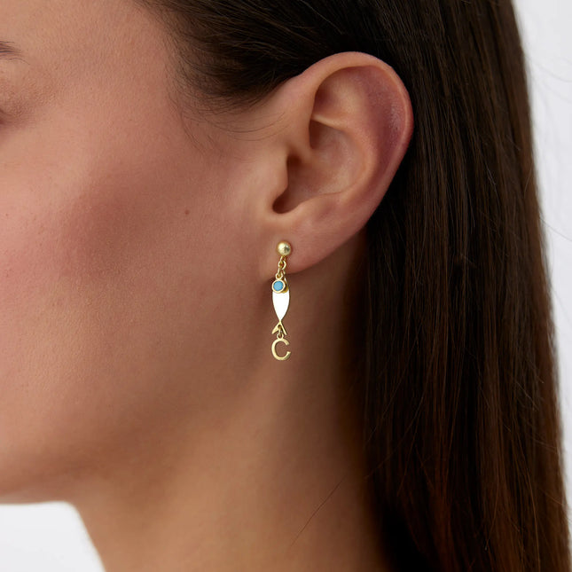 Gold Fish-Themed Initial Earrings with Turquoise Accent – 18K Gold-Plated Sterling Silver - Dabas Minimalist