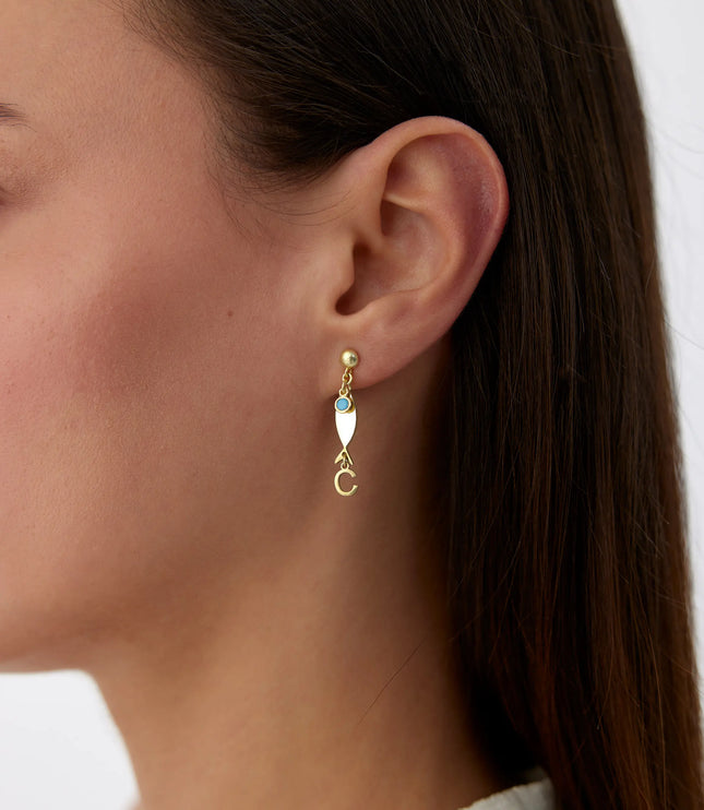 Gold Fish-Themed Initial Earrings with Turquoise Accent – 18K Gold-Plated Sterling Silver - Dabas Minimalist