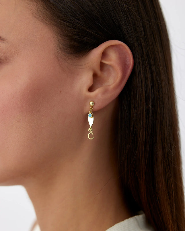 Gold Fish-Themed Initial Earrings with Turquoise Accent – 18K Gold-Plated Sterling Silver - Dabas Minimalist