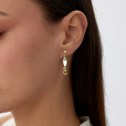 Gold Fish-Themed Initial Earrings with Turquoise Accent – 18K Gold-Plated Sterling Silver - Dabas Minimalist