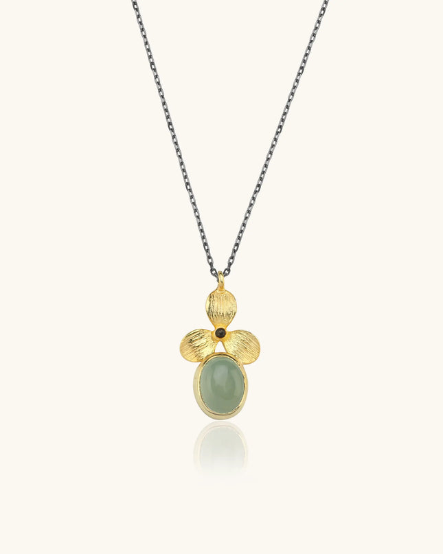 Green Chalcedony and Gold Orchid Flower Pendant Necklace, 18K Gold-Plated Sterling Silver - Dabas Minimalist