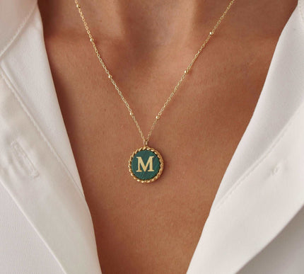 Personalized Malachite Coin Letter Necklace Dabas Minimalist