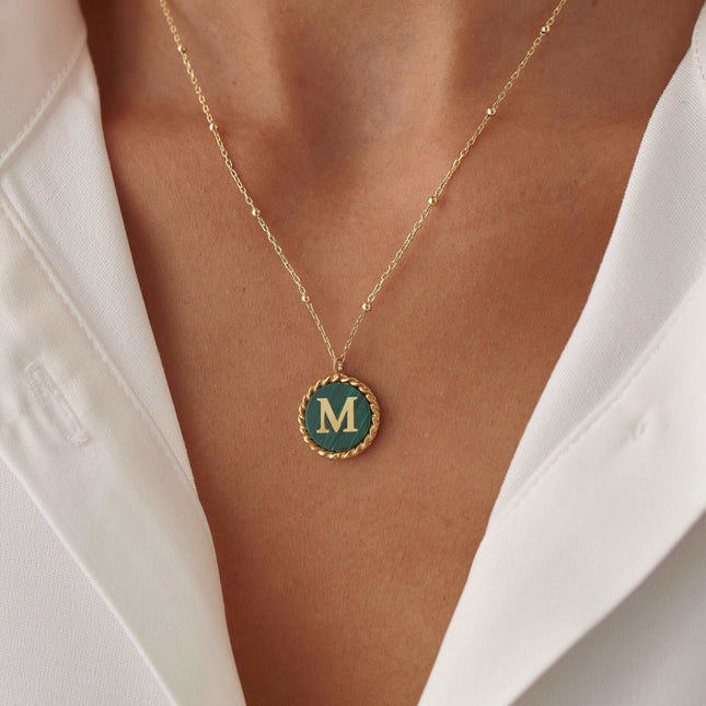 Personalized Malachite Coin Letter Necklace Dabas Minimalist