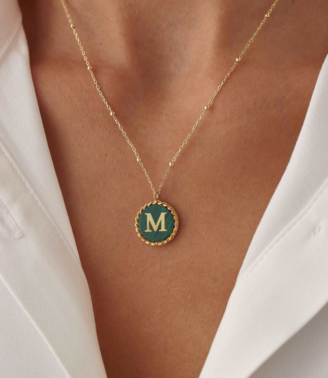 Personalized Malachite Coin Letter Necklace Dabas Minimalist