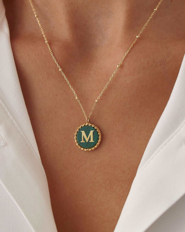 Personalized Malachite Coin Letter Necklace Dabas Minimalist