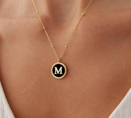 Personalized Onyx Coin Letter Necklace Dabas Minimalist