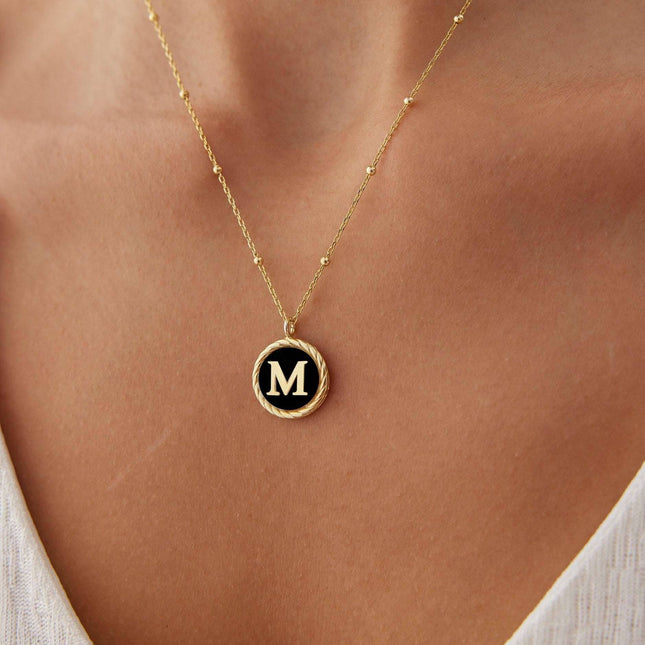 Personalized Onyx Coin Letter Necklace Dabas Minimalist