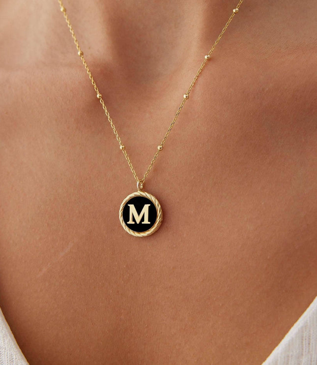 Personalized Onyx Coin Letter Necklace Dabas Minimalist