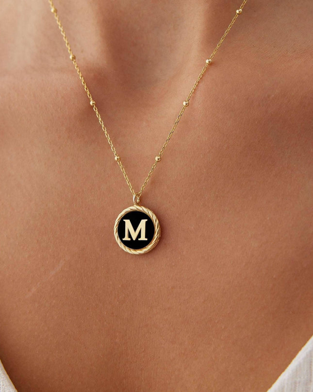 Personalized Onyx Coin Letter Necklace Dabas Minimalist