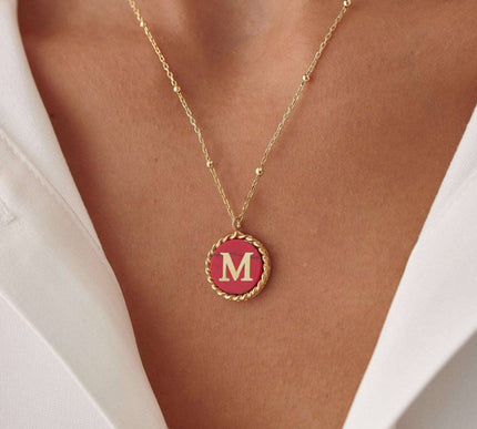 Personalized Red Stone Letter Coin Necklace Dabas Minimalist