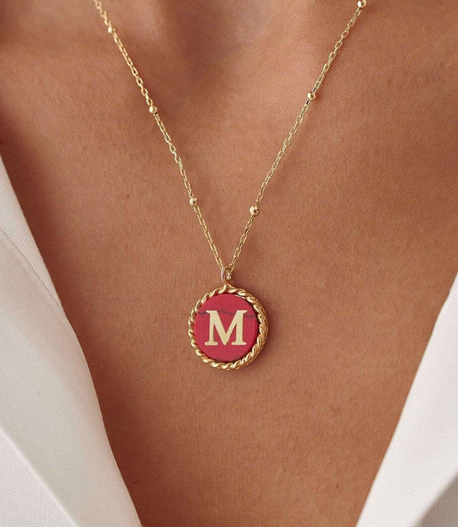 Personalized Red Stone Letter Coin Necklace Dabas Minimalist
