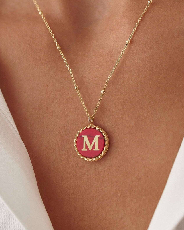 Personalized Red Stone Letter Coin Necklace Dabas Minimalist