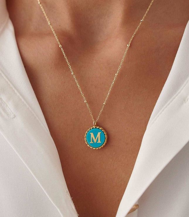 Personalized Turquoise Letter Coin Necklace Dabas Minimalist
