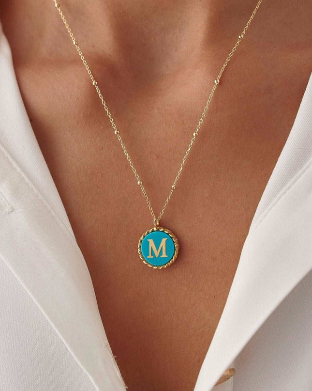 Personalized Turquoise Letter Coin Necklace Dabas Minimalist