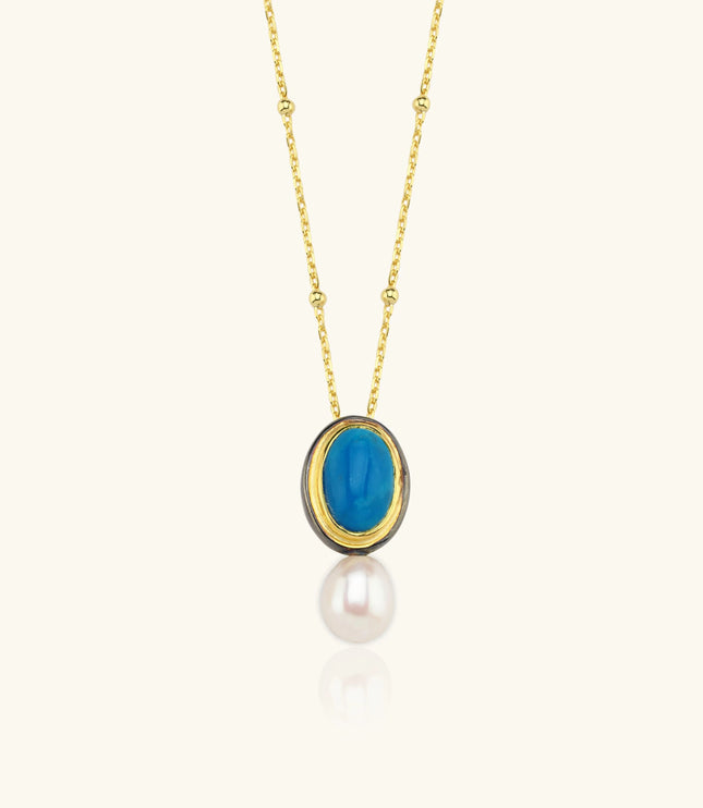 Turquoise and Pearl Pendant Necklace, 18K Gold-Plated Sterling Silver - Dabas Minimalist