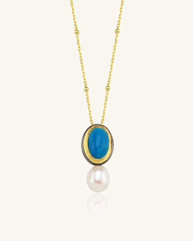 Turquoise and Pearl Pendant Necklace, 18K Gold-Plated Sterling Silver - Dabas Minimalist