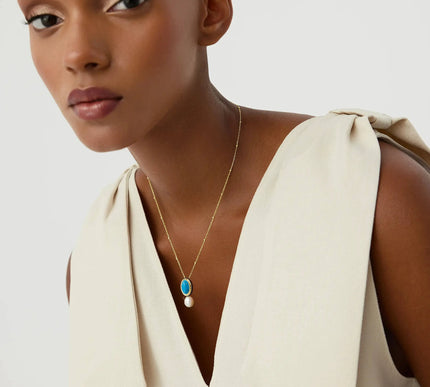Turquoise and Pearl Pendant Necklace, 18K Gold-Plated Sterling Silver - Dabas Minimalist