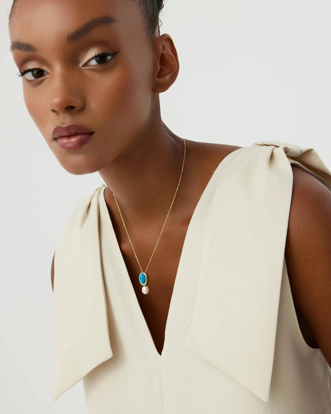 Turquoise and Pearl Pendant Necklace, 18K Gold-Plated Sterling Silver - Dabas Minimalist