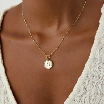 Circle Mother of Pearl Initial Necklace, 18K Gold-Plated 925K Sterling Silver Custom Letter Necklace - Dabas Minimalist