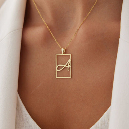 Framed Initial Necklace - 18K Gold-Plated Rectangle Pendant - Dabas Minimalist