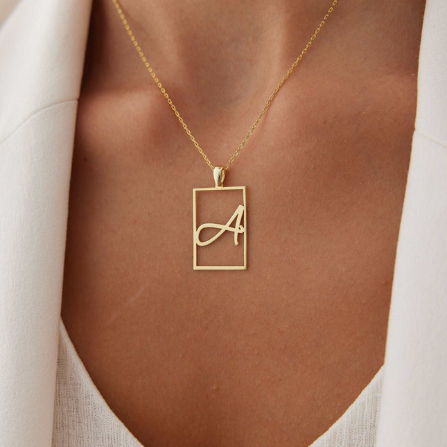 Framed Initial Necklace - 18K Gold-Plated Rectangle Pendant - Dabas Minimalist