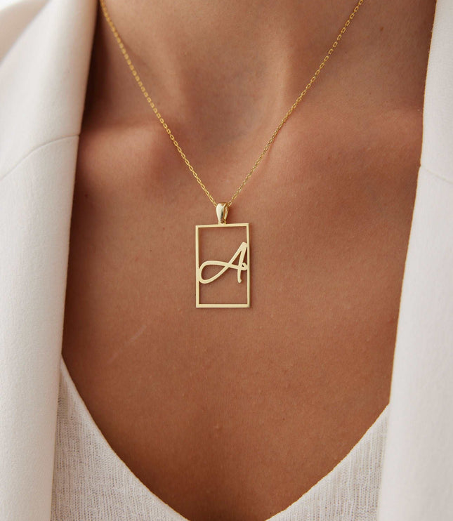 Framed Initial Necklace - 18K Gold-Plated Rectangle Pendant - Dabas Minimalist