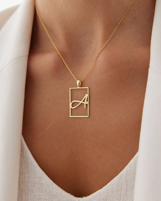 Framed Initial Necklace - 18K Gold-Plated Rectangle Pendant - Dabas Minimalist