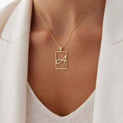 Framed Initial Necklace - 18K Gold-Plated Rectangle Pendant - Dabas Minimalist