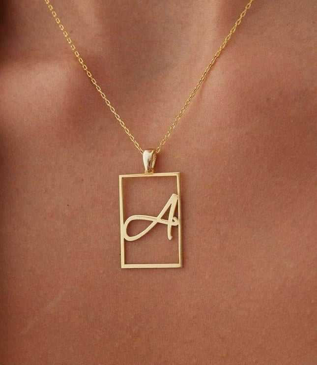 Framed Initial Necklace - 18K Gold-Plated Rectangle Pendant - Dabas Minimalist
