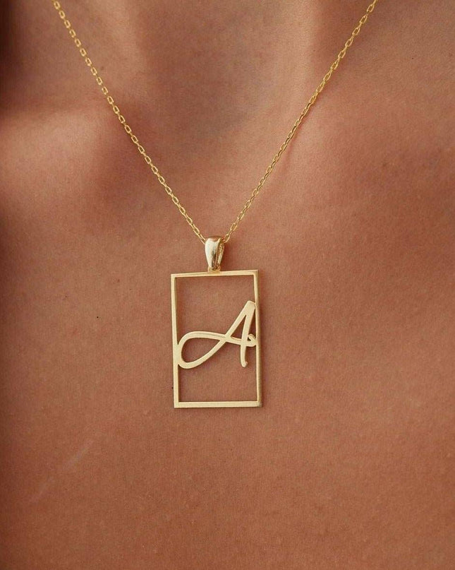 Framed Initial Necklace - 18K Gold-Plated Rectangle Pendant - Dabas Minimalist