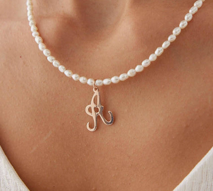 Freshwater Pearl Beaded Initial Letter Necklace, 18K Gold-Plated Sterling Silver - Dabas Minimalist