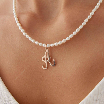 Freshwater Pearl Beaded Initial Letter Necklace, 18K Gold-Plated Sterling Silver - Dabas Minimalist
