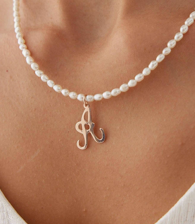 Freshwater Pearl Beaded Initial Letter Necklace, 18K Gold-Plated Sterling Silver - Dabas Minimalist