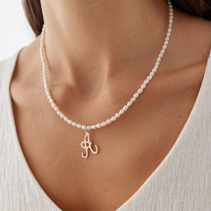 Freshwater Pearl Beaded Initial Letter Necklace, 18K Gold-Plated Sterling Silver - Dabas Minimalist