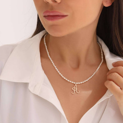Freshwater Pearl Beaded Initial Letter Necklace, 18K Gold-Plated Sterling Silver - Dabas Minimalist