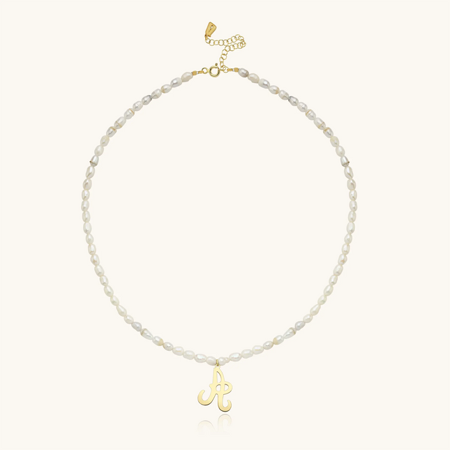 Freshwater Pearl Beaded Initial Letter Necklace, 18K Gold-Plated Sterling Silver - Dabas Minimalist