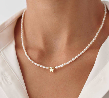 Gold Star and Freshwater Pearl Necklace – 925K Sterling Silver Elegance - Dabas Minimalist